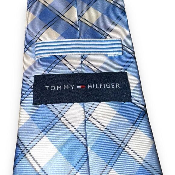 Tommy Hilfiger Blue & White Check Handmade Silk Neck Tie - Picture 3 of 5